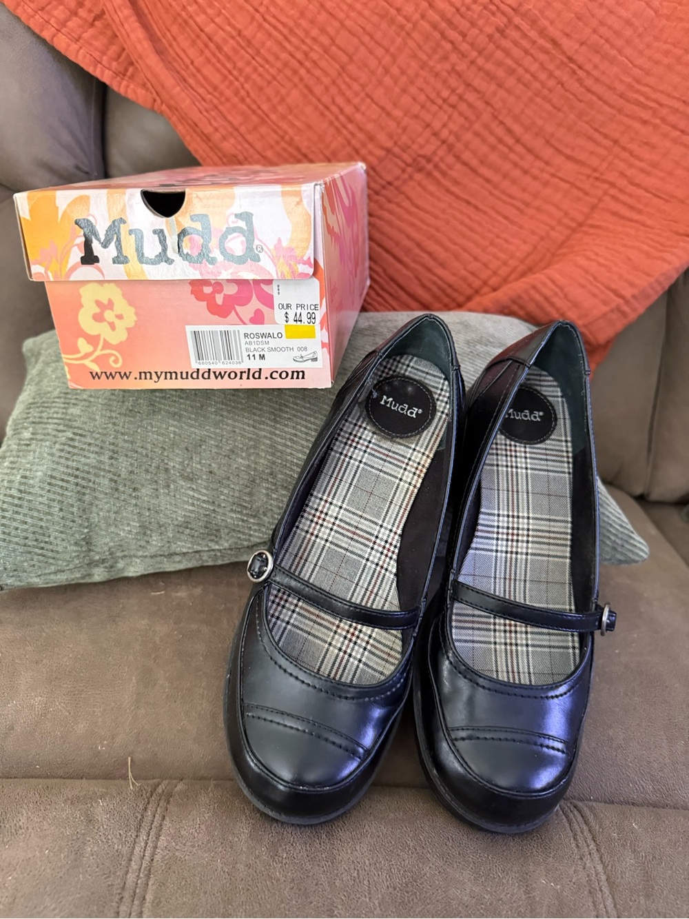 Mudd Black Mary Jane Flats with Plaid Insole W11